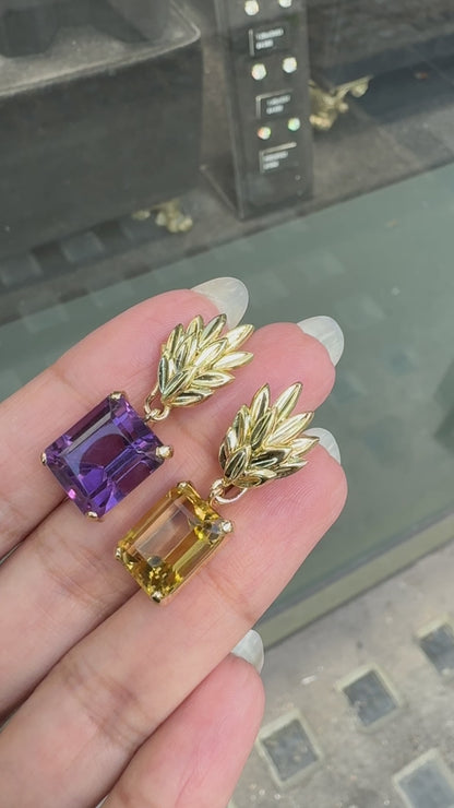 Vintage Amethyst and Citrine 18 Carat Yellow Gold Interchangeable Drop Earrings