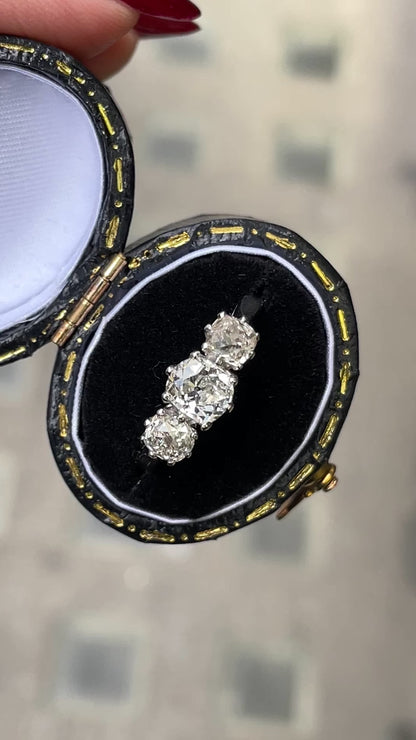 1.56 Carat Victorian Old Cut Diamond Three-Stone Platinum Engagement Ring