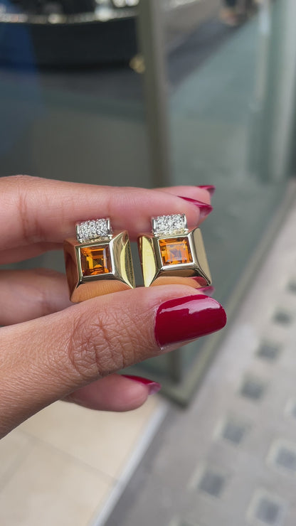 Retro Citrine and Diamond 18 Carat Gold Square Stud Earrings