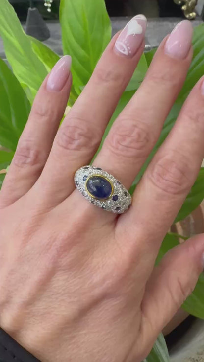 Oval Cabochon Blue Sapphire & Diamond Cluster Dome Dress Ring in 18 Carat Gold