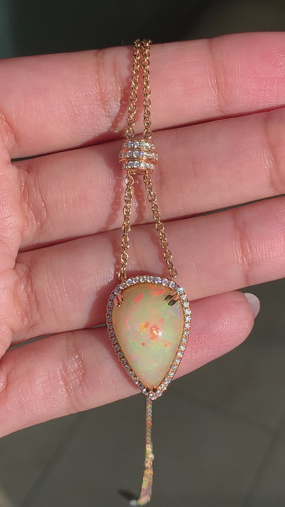 6.91ct Pear Cabochon Opal and Diamond Cluster 18ct Rose Gold Necklace