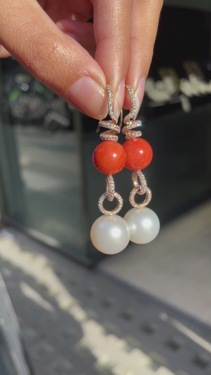 Coral, Pearl and Diamond 18 Carat Rose Gold Dangle Earrings
