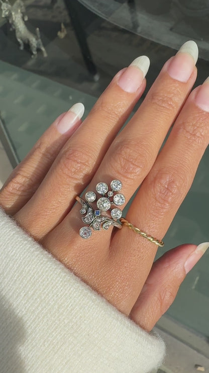 Edwardian Old Cut Diamond & Sapphire Silver on 18K Gold Cluster Cocktail Ring