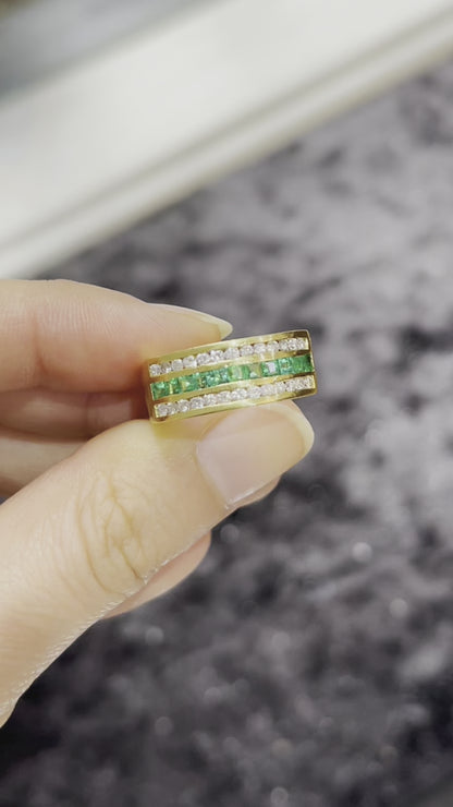 Emerald and Diamond 18 Carat Yellow Gold Half Eternity Band Ring