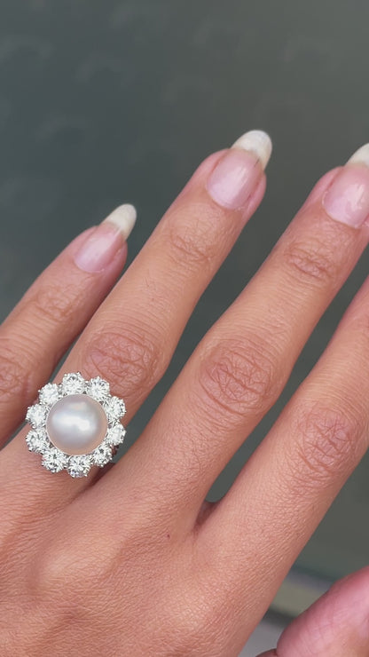 South Sea Pearl and Diamond 18 Carat White Gold Cluster Flower Engagement Ring
