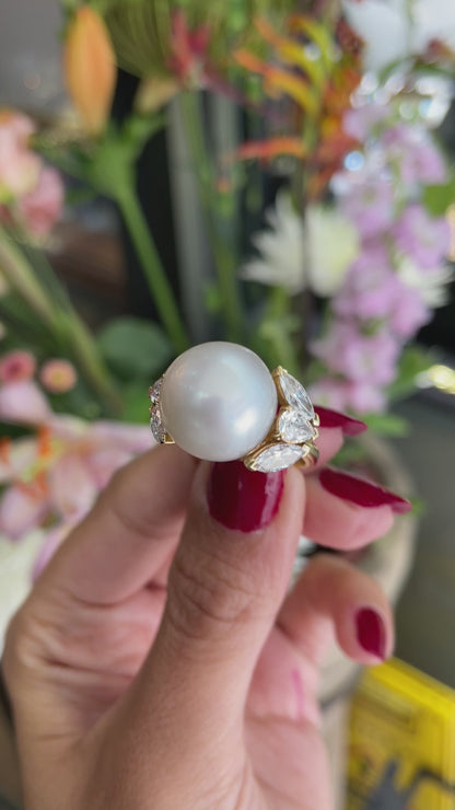 South Sea Pearl and Diamond 18 Carat Yellow Gold Cocktail Ring