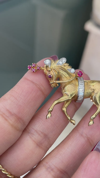 video of Ben Rosenfeld Ruby and Diamond 18 Carat Yellow Gold Brooch, 1961