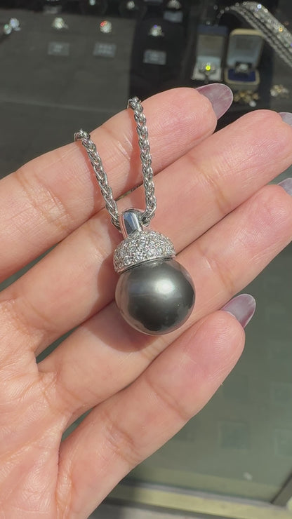 Black Tahitian Pearl and Diamond 18 Carat White Gold Pendant and Wheat Chain