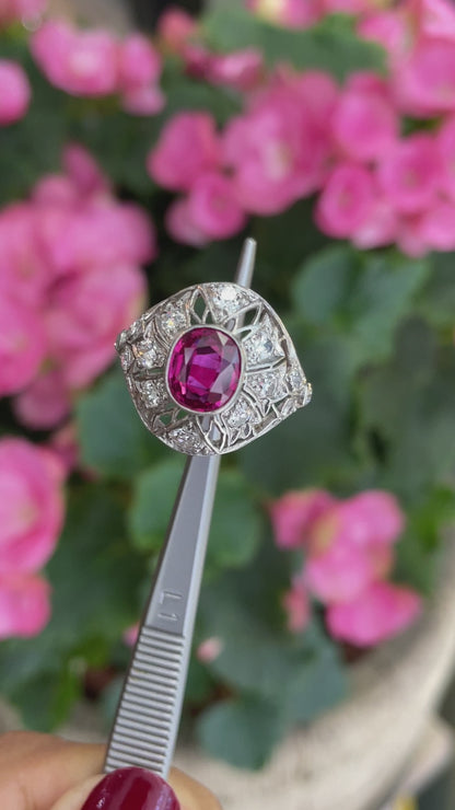 video of Antique Ruby and Diamond Platinum Dome Cluster Cocktail Ring, Circa 1920s