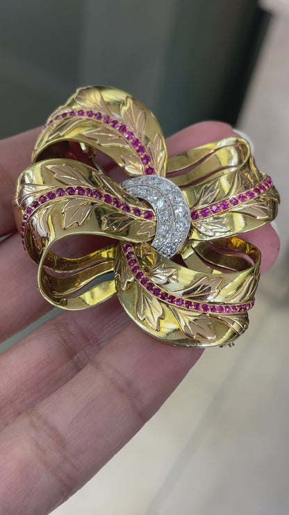 Vintage 18ct Gold Diamond and Ruby Floral Ribbon Brooch, circa 1950's