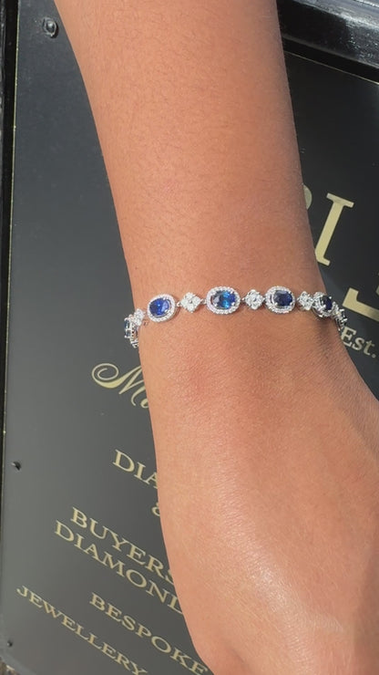 Oval Blue Sapphire and Diamond Cluster 18 Carat White Gold Bracelet