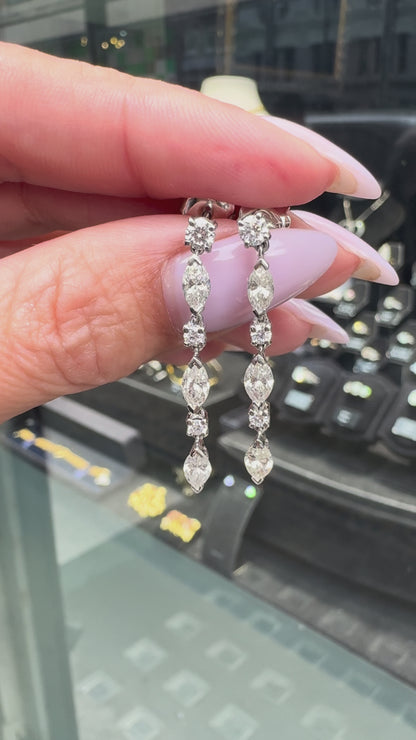 Marquise Cut and Brilliant Cut Diamond 18 Carat White Gold Dangle Drop Earrings