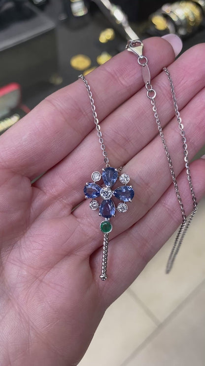 Diamond, Sapphire & Emerald Abstract Key Drop Pendant Necklace in 18K White Gold