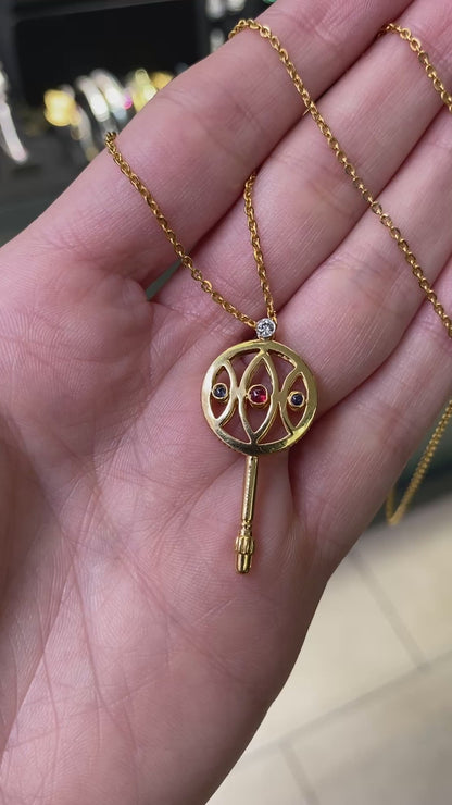 Ruby, Sapphire & Diamond Stylised Key Pendant Necklace in 18 Carat Yellow Gold