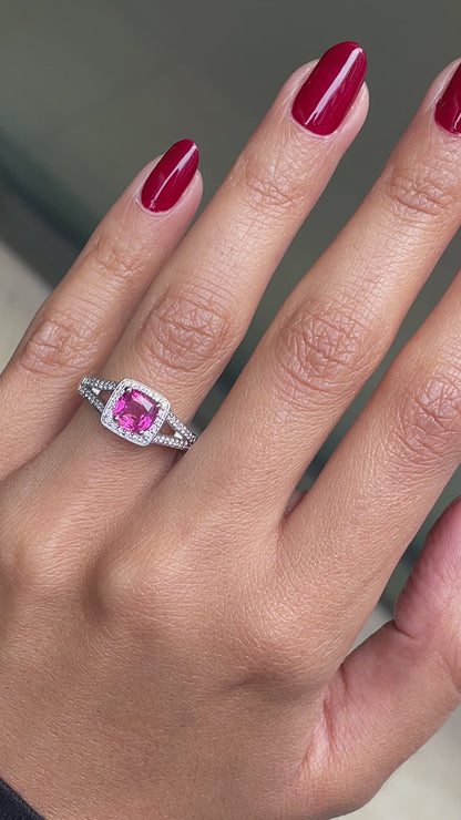 1.22 Carat Pink Sapphire and Diamond 18ct Gold Halo Cluster Engagement Ring