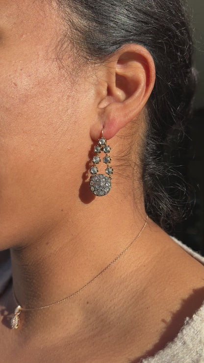 Diamond Cluster Silver on 14 Carat Gold Victorian Style Drop Earrings