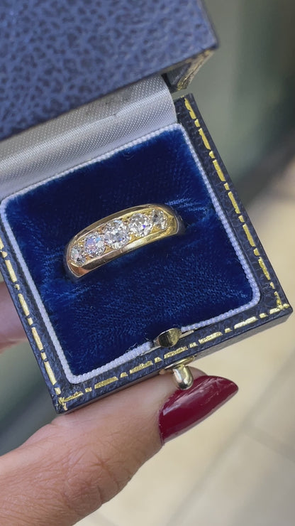 video of Antique Old Cut Diamond 18 Carat Yellow Gold Five Stone Ring, 1886