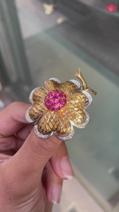 Vintage Ruby and Diamond 18 Carat White & Yellow Gold Flower Brooch