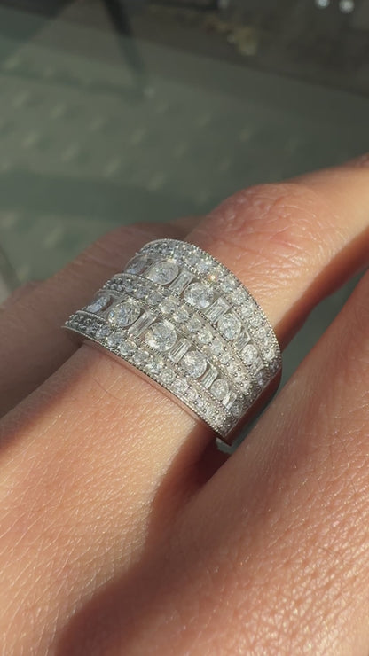Mixed Cut Diamond 14 Carat White Gold Tapered Wide Band Cocktail Ring
