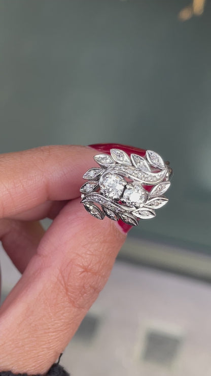 Old Cut Diamond 14 Carat White Gold Twist Leaf Design Cluster Dress Ring