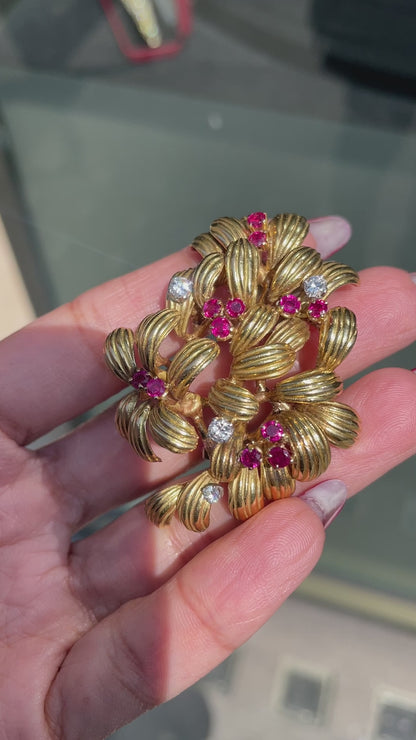 Vintage Ben Rosenfeld Ruby and Diamond 18 Carat Gold Foliate Brooch