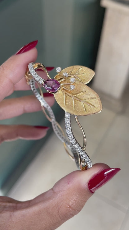 1.66 Carat Pink Tourmaline and Diamond 18 Carat White & Yellow Gold Leaf Bangle