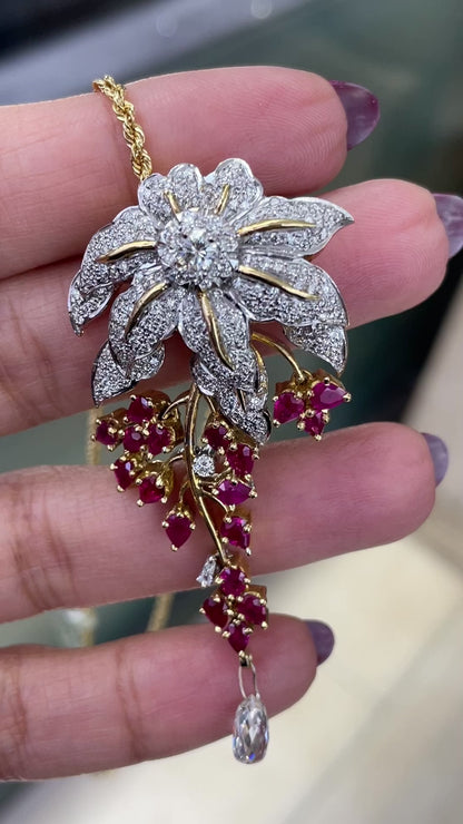 3.43ct Diamond and Ruby 18 Carat White & Yellow Gold Cascade Floral Pendant