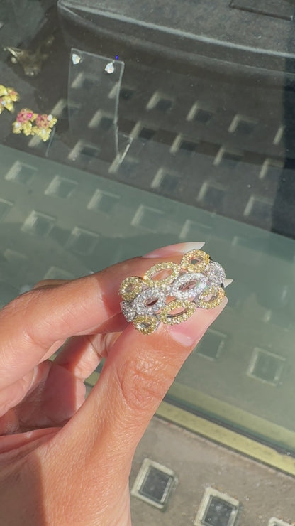 White and Yellow Diamond 18 Carat Gold Wide Tapered Band Infinity Dress Ring