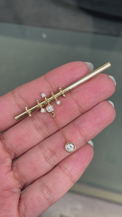 18ct yellow gold bar brooch with diamond drop detail