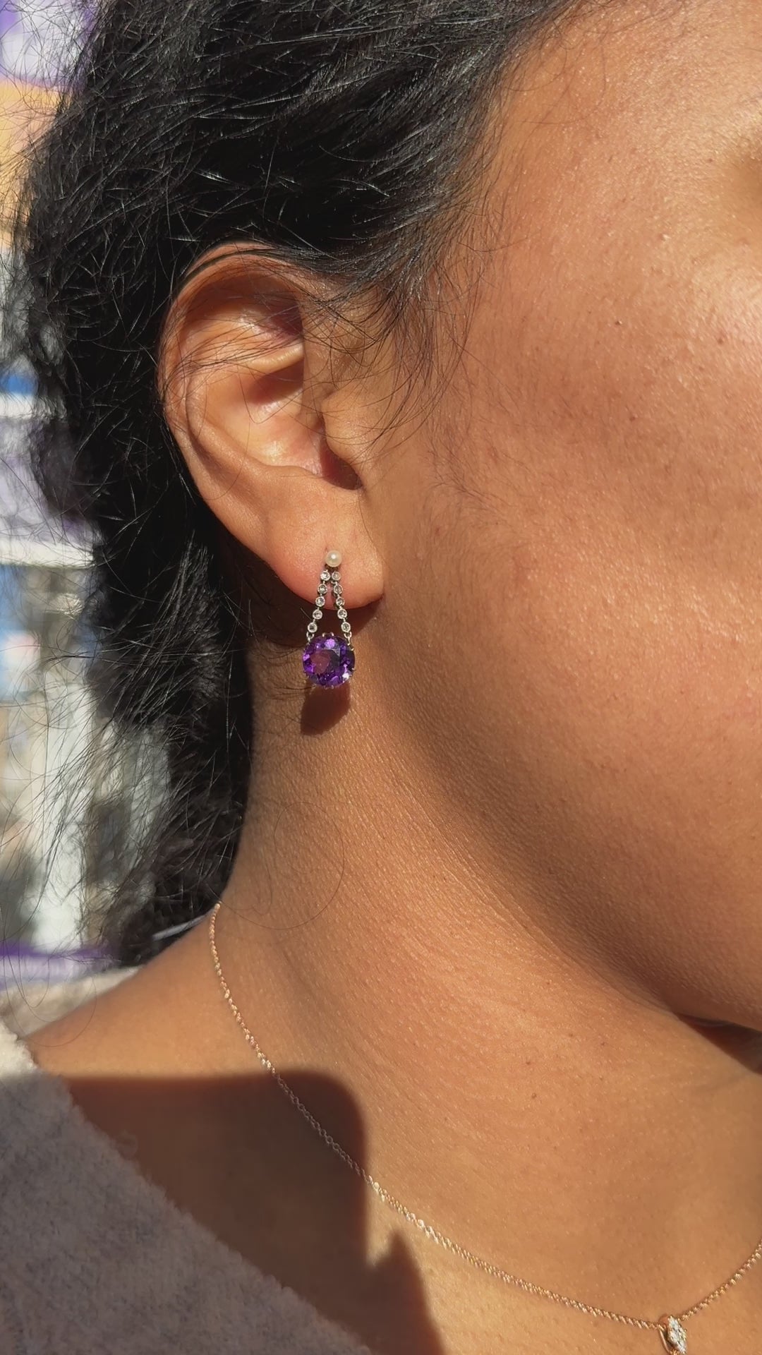 video of Stunning Antique Platinum and 18ct Yellow Gold Amethyst, Pearl and Diamond Drop earrings