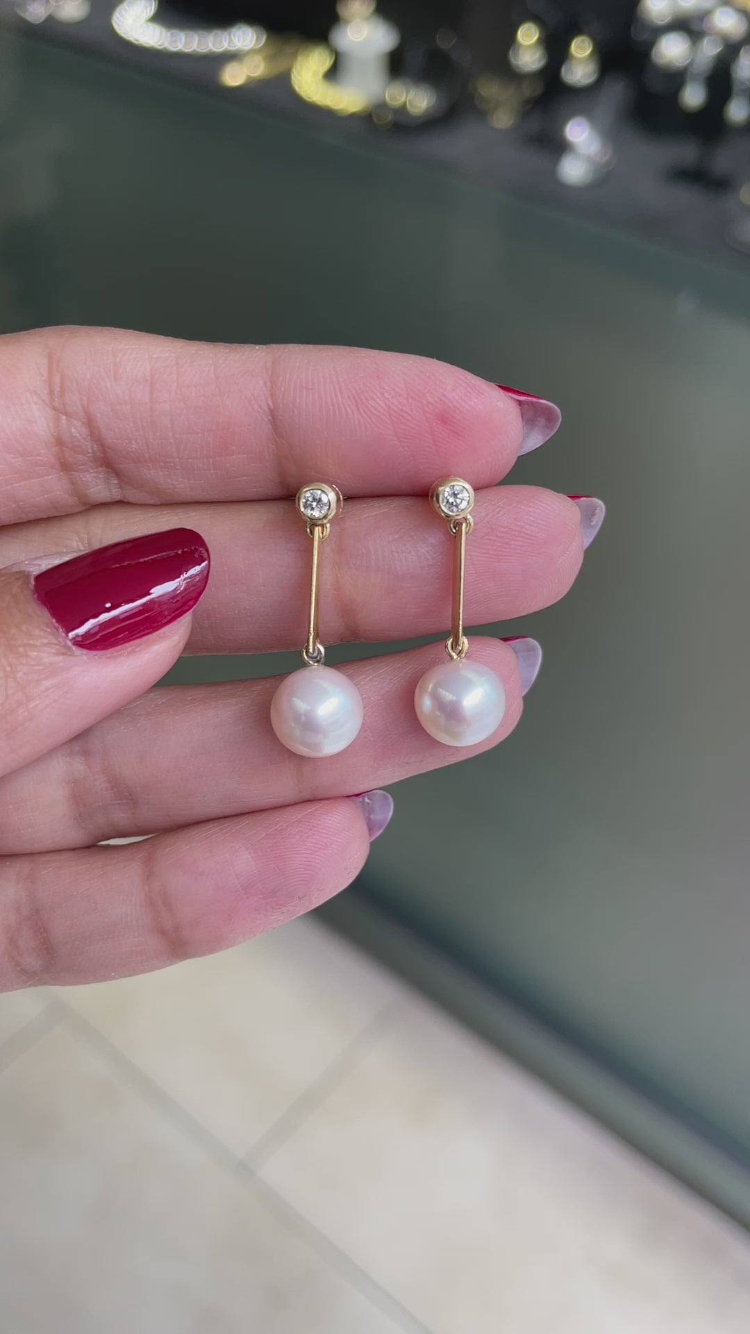 video of Freshwater Pearl and Diamond 18 Carat Yellow Gold Drop Earrings