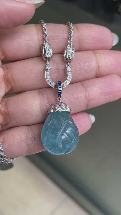 Carved Cabochon Aquamarine Diamond and Sapphire 18ct Gold Drop Necklace