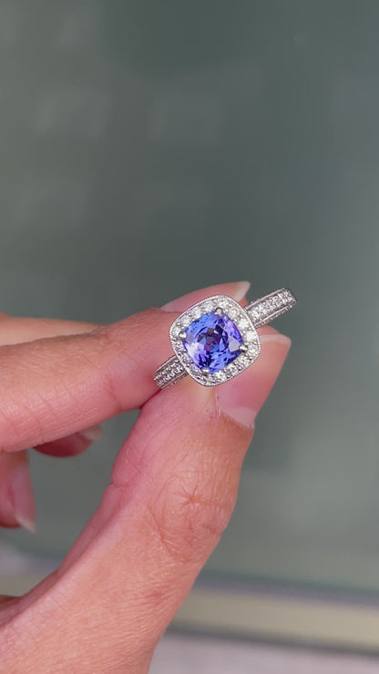 1.32ct Tanzanite and Diamond 18 Carat white Gold Halo Cluster Engagement Ring