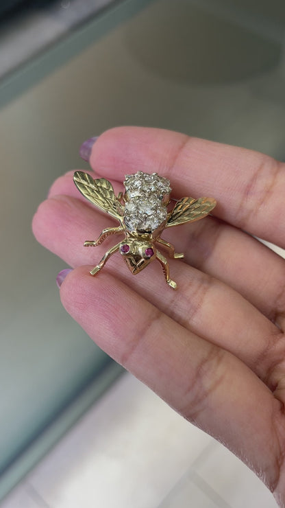 Diamond and Ruby 14 Carat White and Yellow Gold Bee Brooch