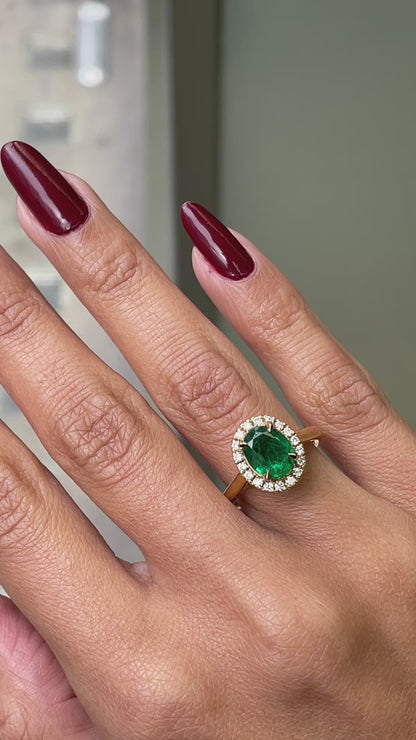 1.85 Carat Emerald and Diamond 18 Carat Yellow Gold Cluster Engagement Ring