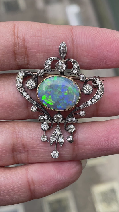 Antique Black Opal and Old Mine Cut Diamond Silver on Gold Brooch, circa 1880