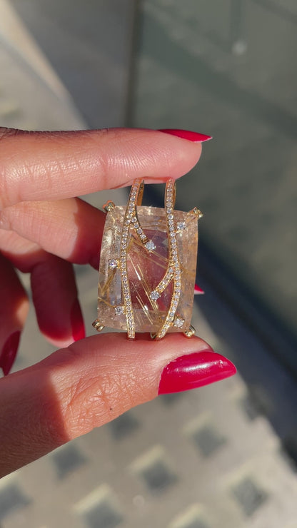 Rutilated Quartz and Diamond 18 Carat Yellow Gold Statement Pendant