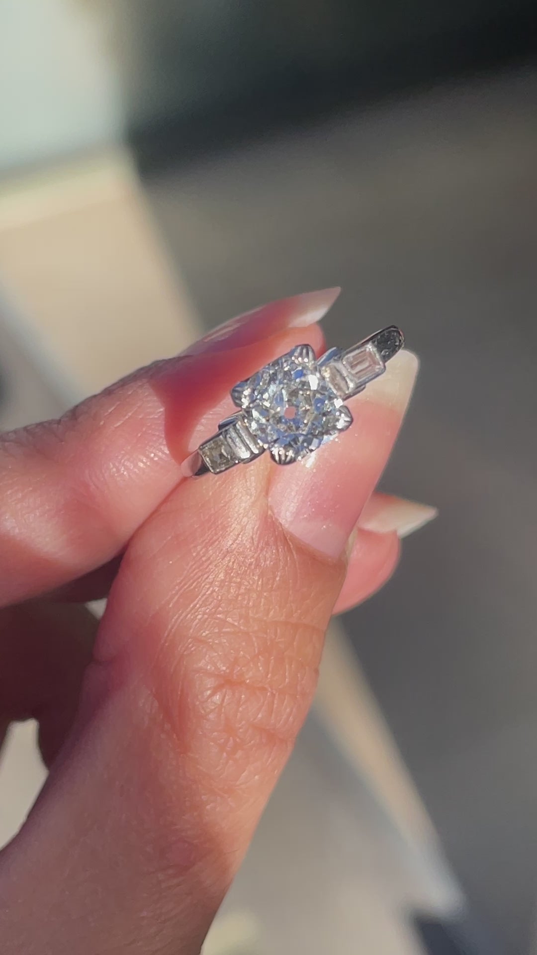 video of Art Deco 1.17ct Old Mine Cut Diamond Three-Stone Platinum Engagement Ring