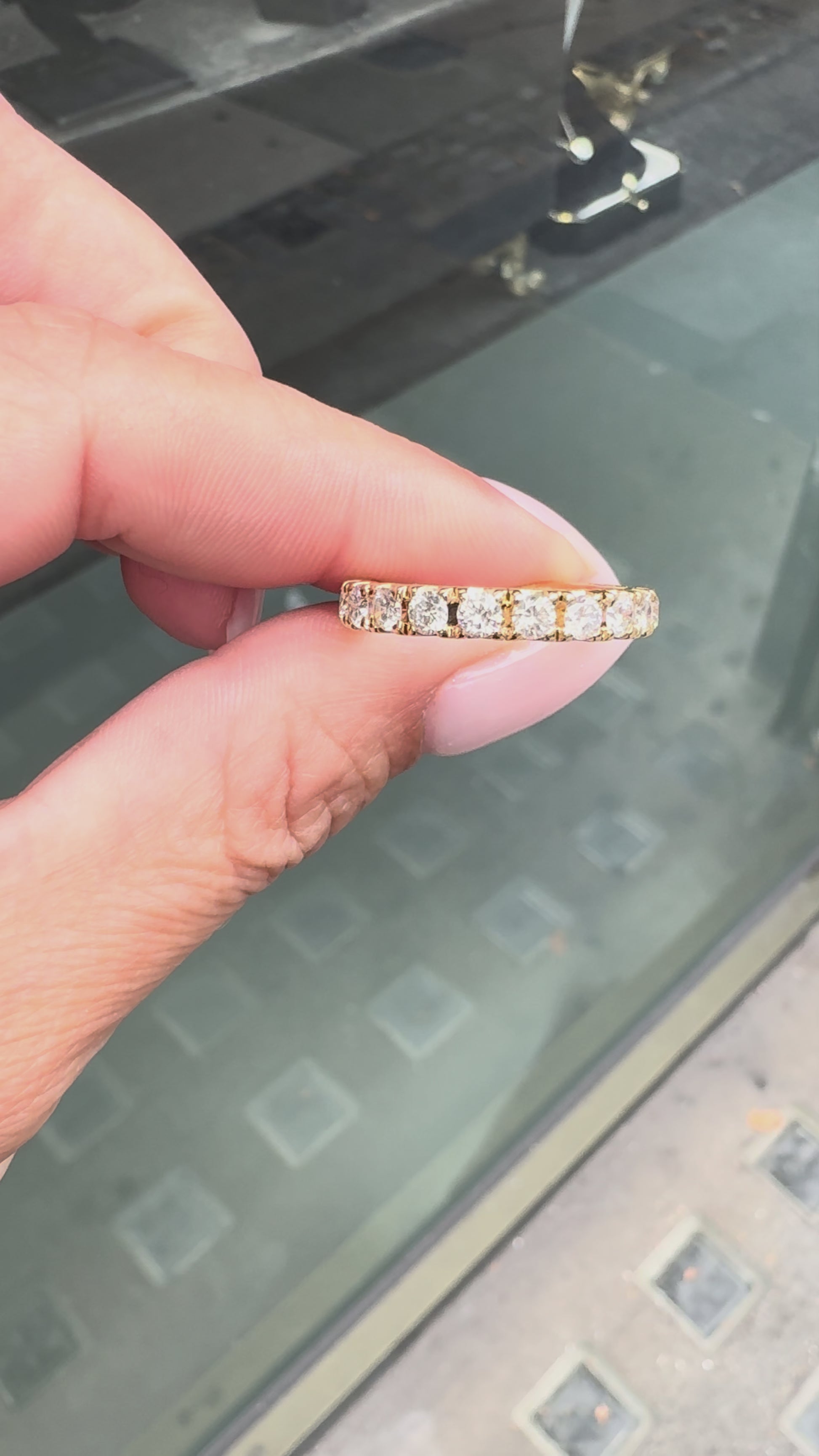 Diamond full eternity stacking band ring in 18ct yellow gold, featuring 20 round brilliant cut diamonds in claw setting, Tobi Gem Hatton Garden London.