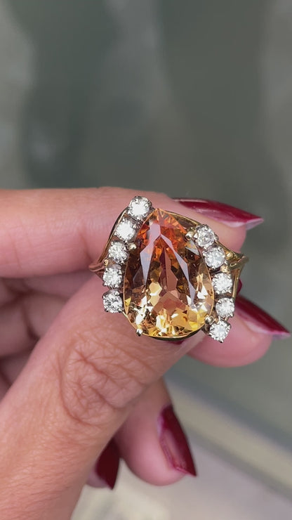 Pear Shape Imperial Topaz and Diamond 18 Carat White & Yellow Gold Cocktail Ring
