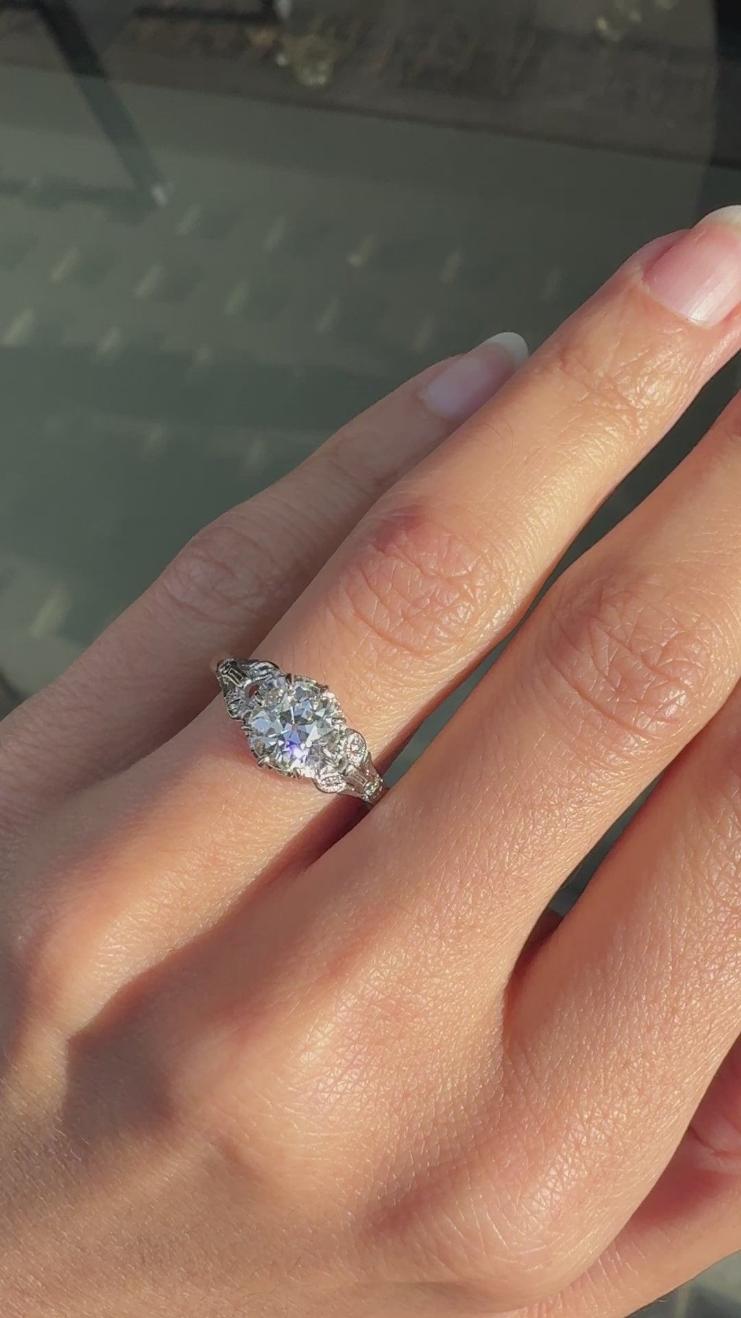 video of lady wearing antique 1.29ct Old Mine Cut Diamond 18 Carat Gold and Platinum Engagement Ring