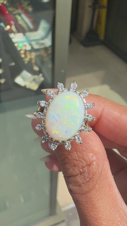 Vintage Oval Opal and Diamond 18 Carat Yellow and White Gold Cluster Dress Ring