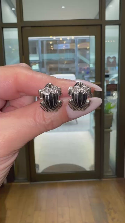 Black Enamel and Diamond 18 Carat White Gold Frog Cufflinks