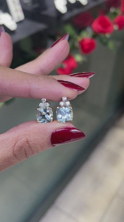4.04 Carat Cushion Shape Aquamarine and Diamond 18ct Gold Stud Earrings