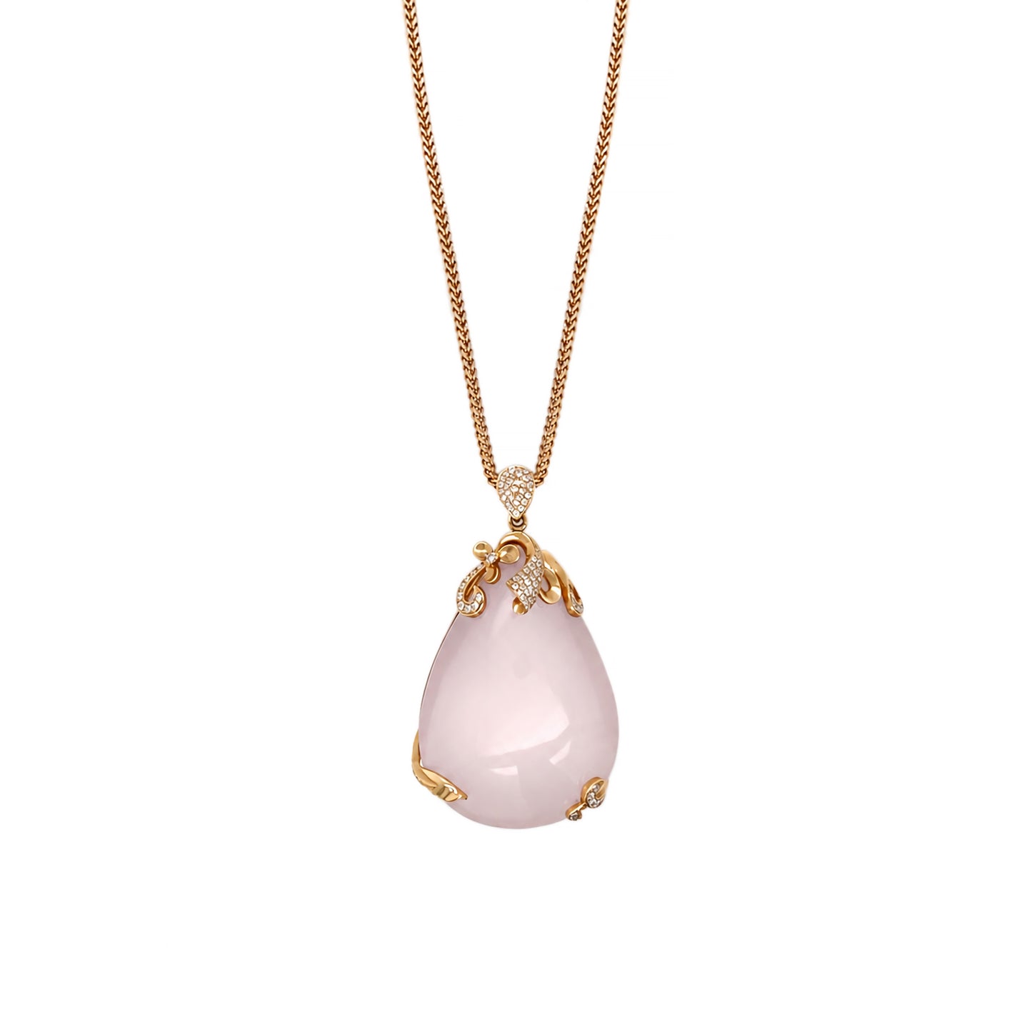 115.48ct Rose Quartz & Diamond 18K Rose Gold Large Pear Shape Pendant Necklace