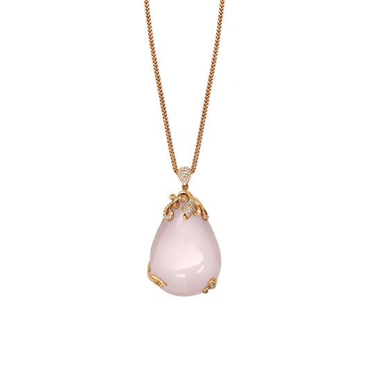 115.48ct Rose Quartz & Diamond 18K Rose Gold Large Pear Shape Pendant Necklace