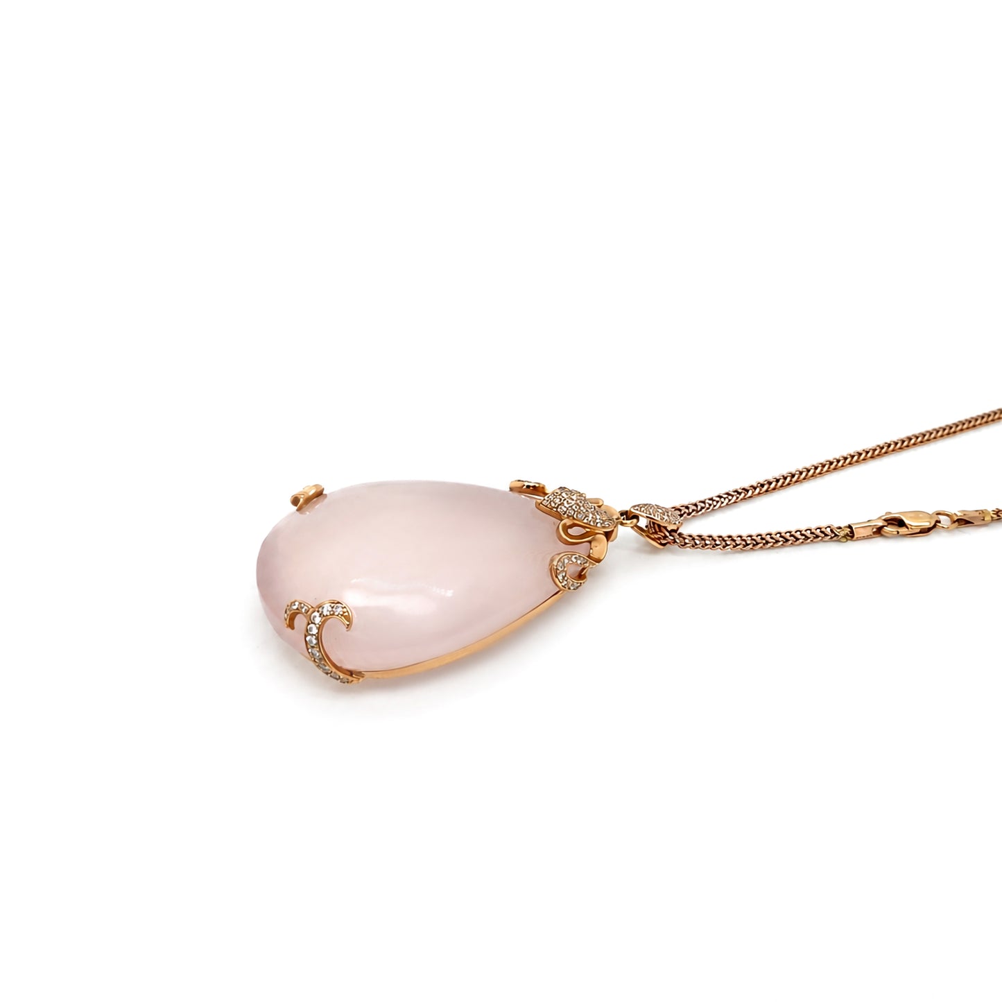 115.48ct Rose Quartz & Diamond 18K Rose Gold Large Pear Shape Pendant Necklace