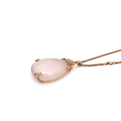 115.48ct Rose Quartz & Diamond 18K Rose Gold Large Pear Shape Pendant Necklace