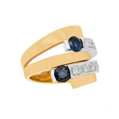 Blue Sapphire and Diamond 18 Carat White & Yellow Gold Wide Bypass Dress Ring