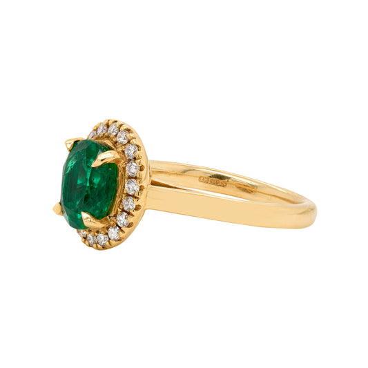 1.85 Carat Emerald and Diamond 18 Carat Yellow Gold Cluster Engagement Ring